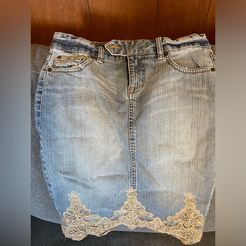 The Limited Light Blue Denim Skirt with Gold Embroidery